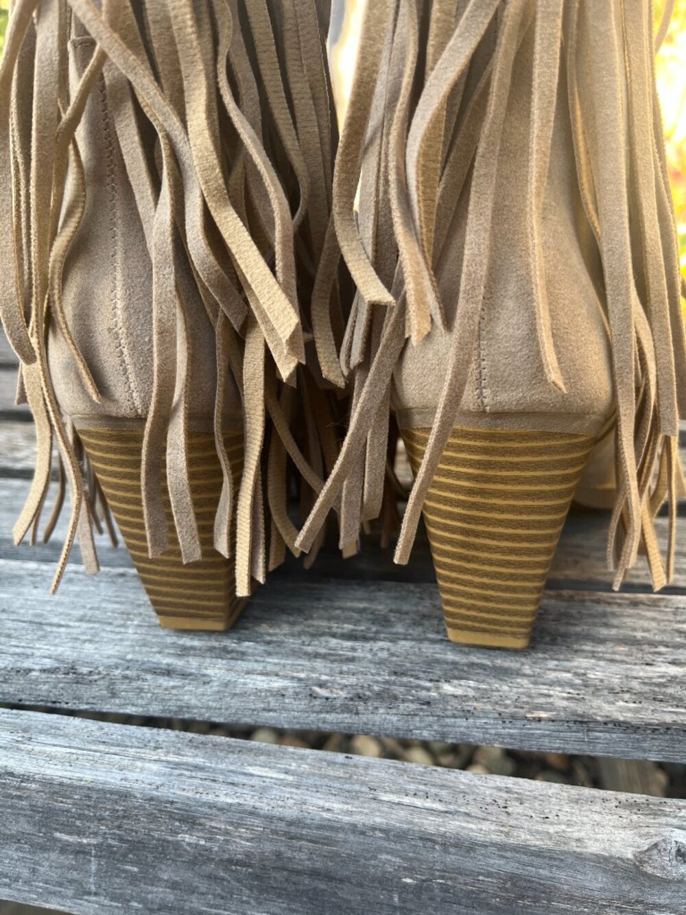 Forever Tan Faux New Suede/Leather Layered Fringe Boots, Size 9 - Picture 7 of 11